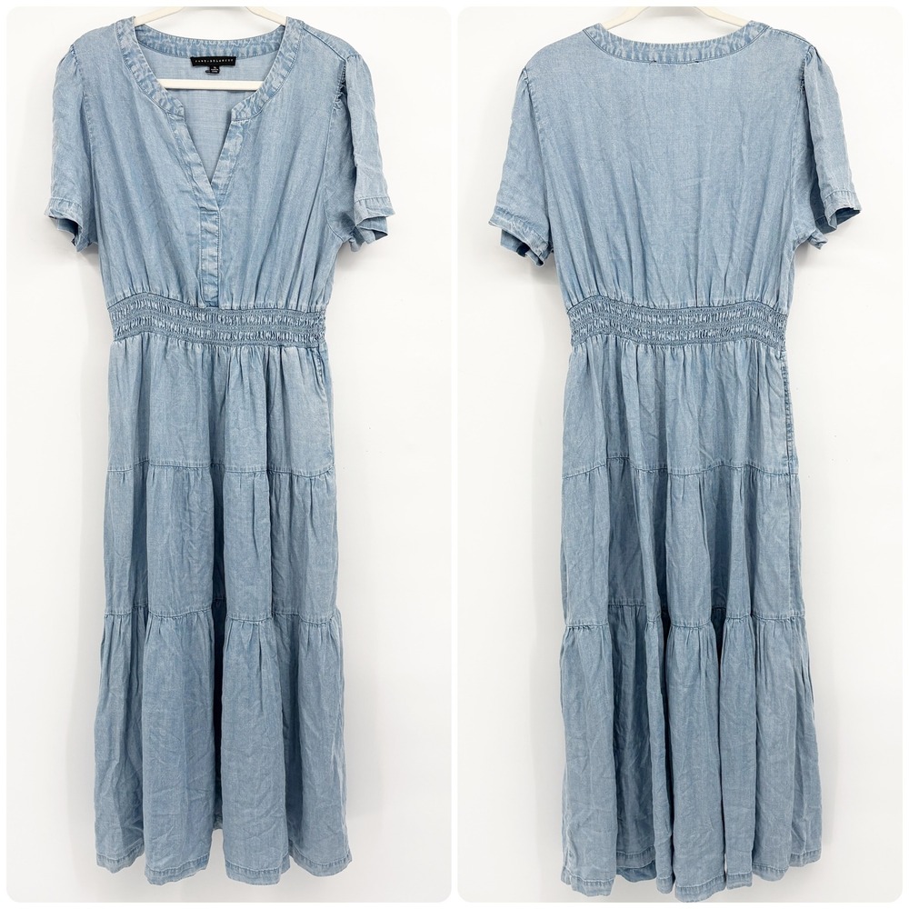 Jane + Delancey‎ Womens Chambray Lyocell Smocked Waist Boho Tiered Midi Dress XL